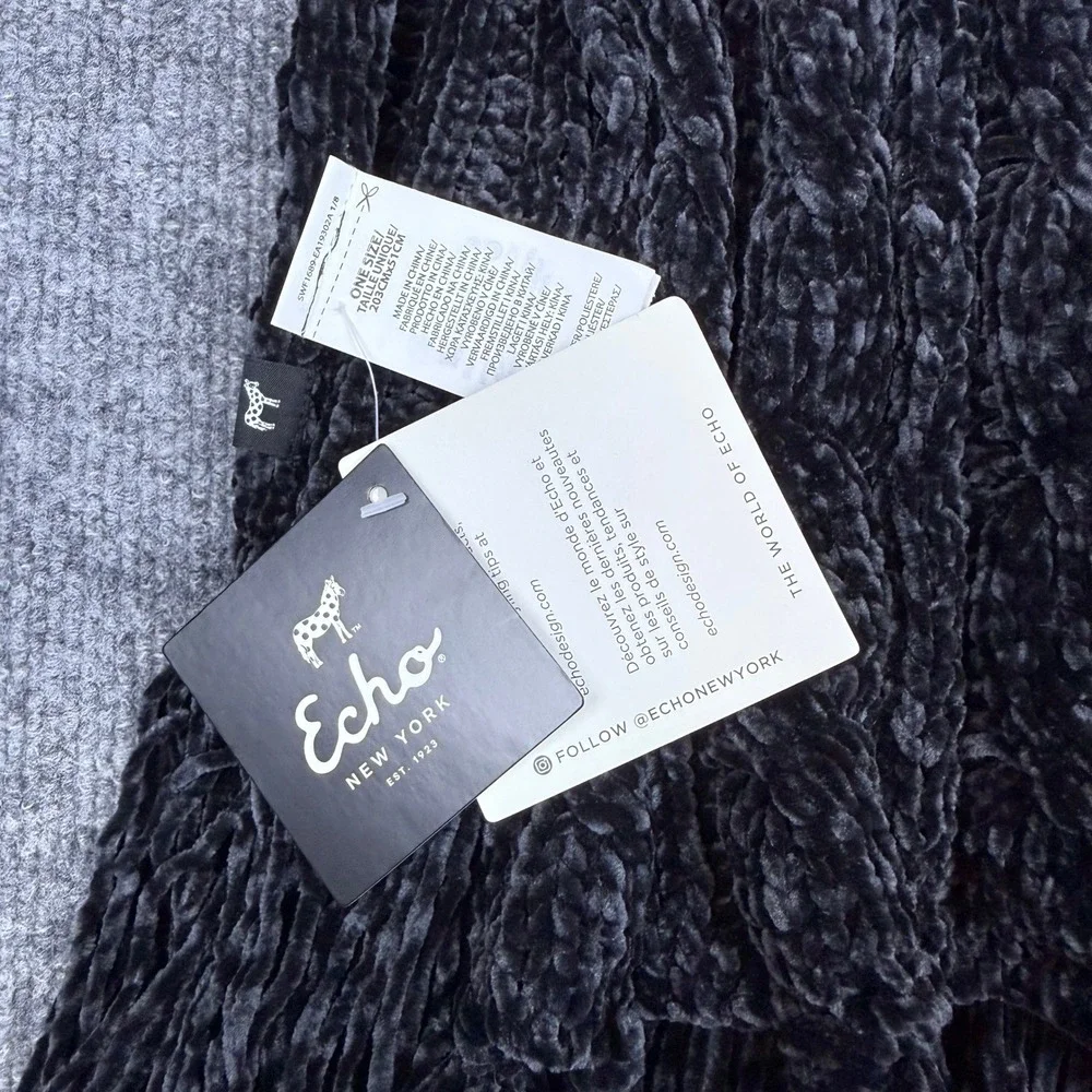 Echo New York Cable Knit Fringe Scarf Soft Cozy Plush Charcoal Black